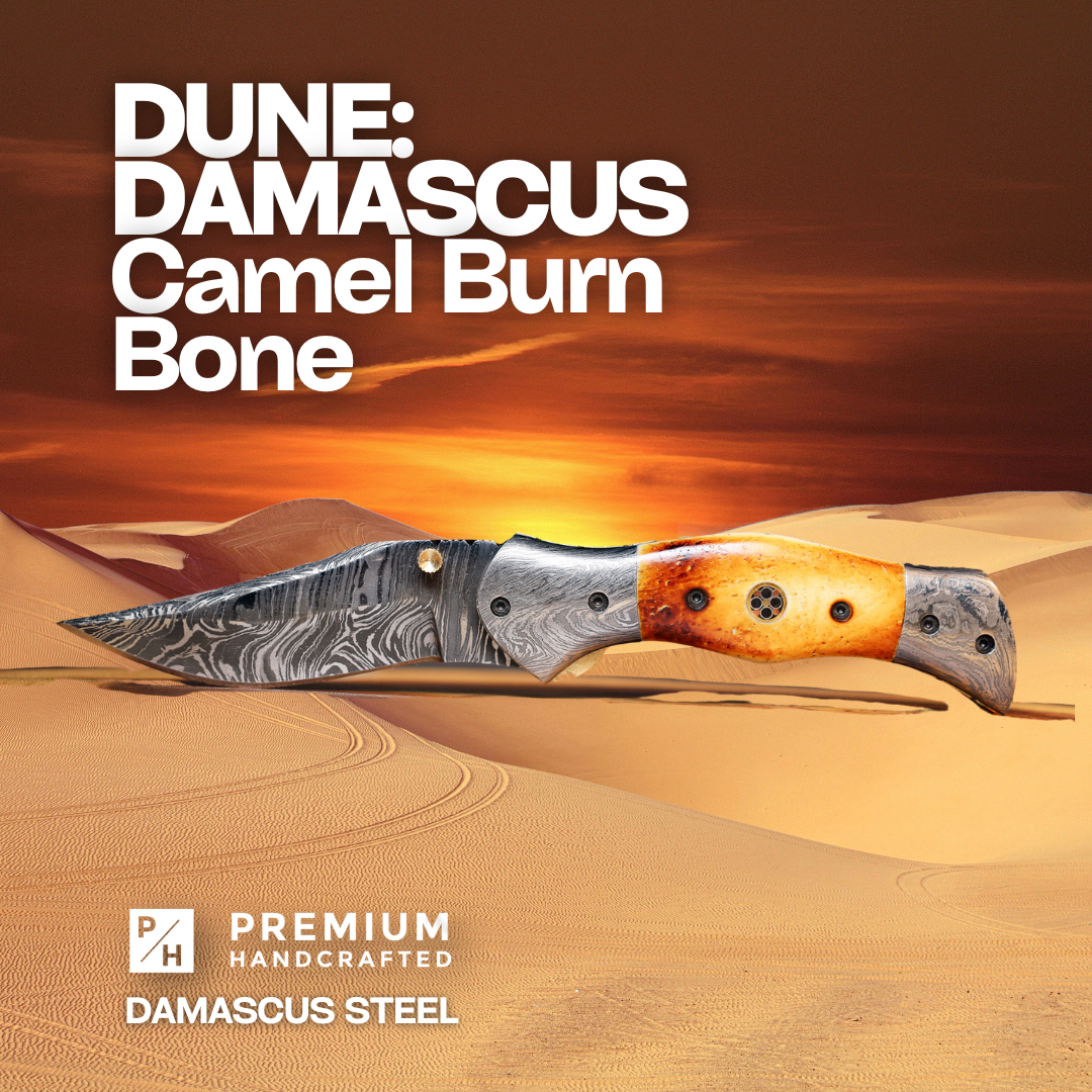 🔥Burn Camel Bone Damascus Steel EDC Pocket Folding Knife With Leather Sheath by SacredBlade