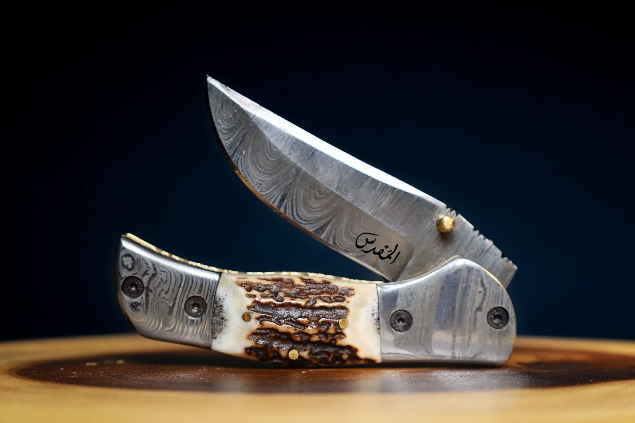 🦌 STAG HORNS IN THE WILD: Damascus Steel EDC Pocket Folding Knife With Leather Sheath by SacredBlade