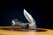 🐐RAMHORN & MOUNTAIN GOATS: Damascus Steel EDC Pocket Folding Knife With Leather Sheath by SacredBlade