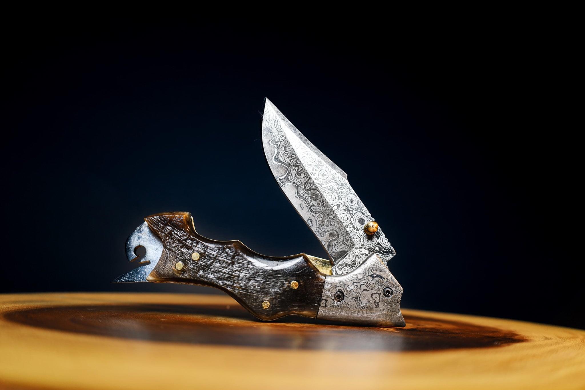 🐐RAMHORN & MOUNTAIN GOATS: Damascus Steel EDC Pocket Folding Knife With Leather Sheath by SacredBlade